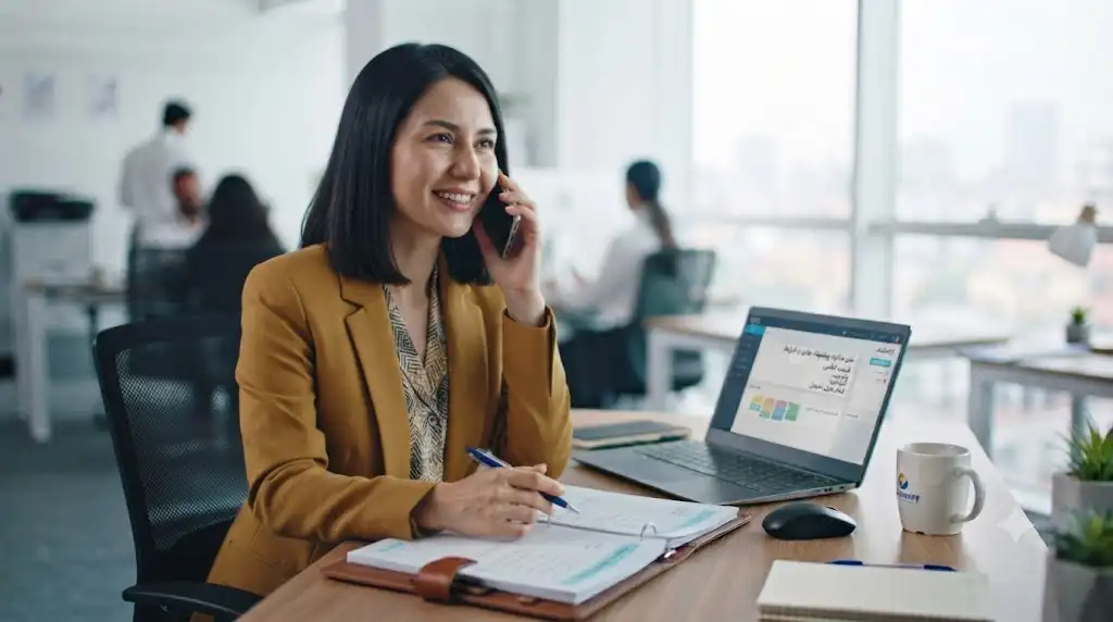 کارشناس فروش در حال مذاکره تلفنی با مشتری و نیازسنجی قبل از ارائه پیشنهاد