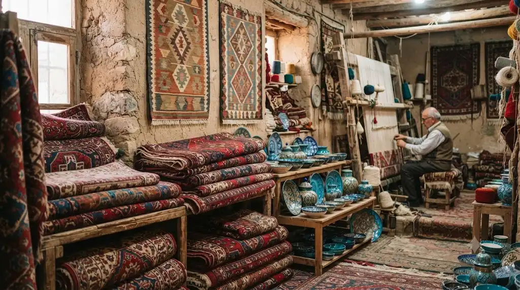 مجموعه صنایع دستی شامل فرش، گلیم و سفال با تمرکز بر داستان و اصالت هر اثر